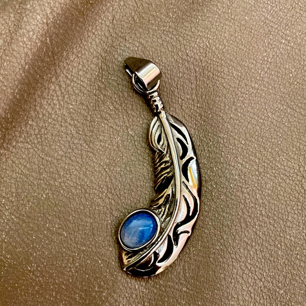 Silver feather pendant for necklace with blue gray stone